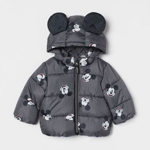 Mickey Mouse Patterned Puffer Jacket with detachable hood